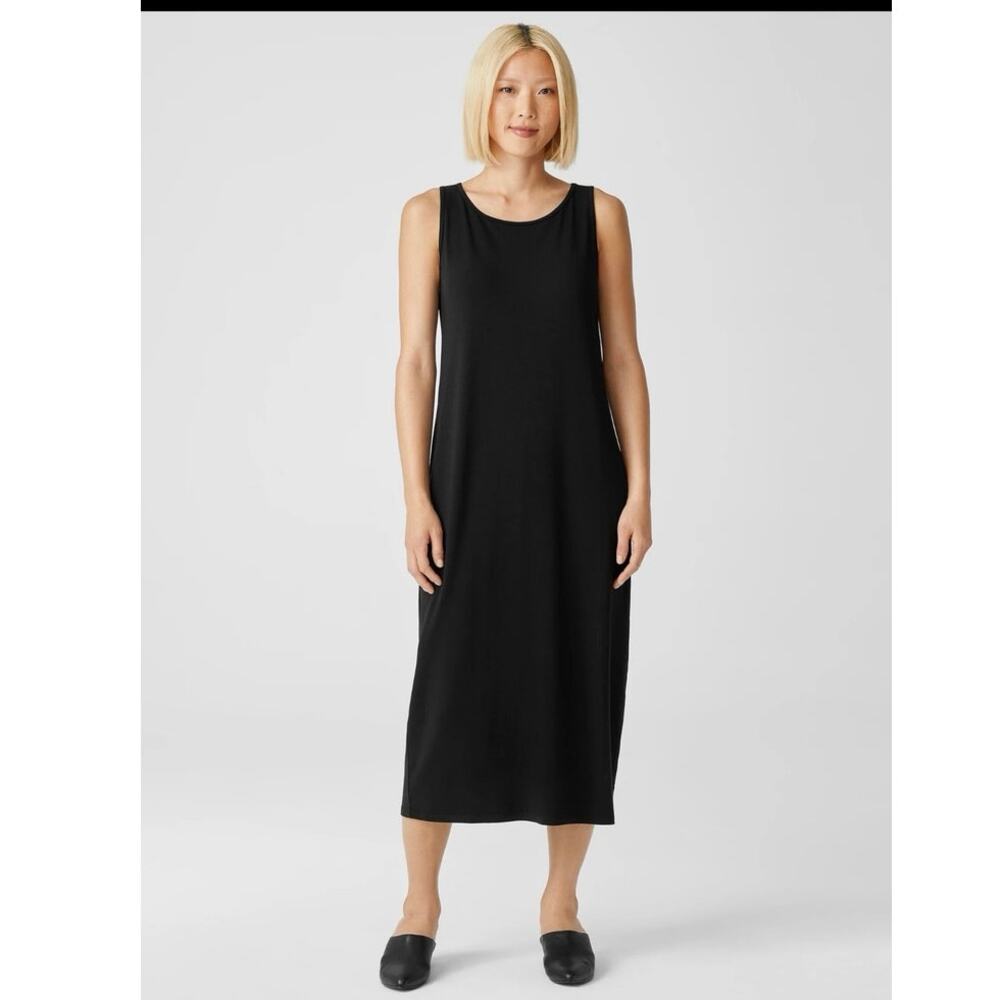 EILEEN FISHER Medium Black Stretch Jersey Knit Jewel-Neck Tank Dress